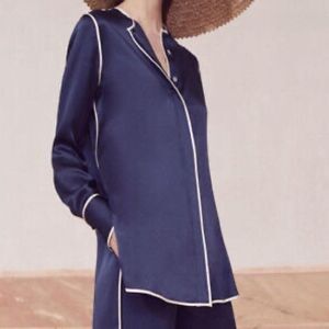 Alexis Midnight Blue Blouse with Ivory Piping